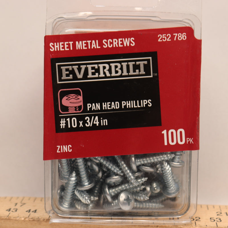 (100-Pk) Everbilt Pan-Head Sheet Metal Screws Steel Zinc-Plated