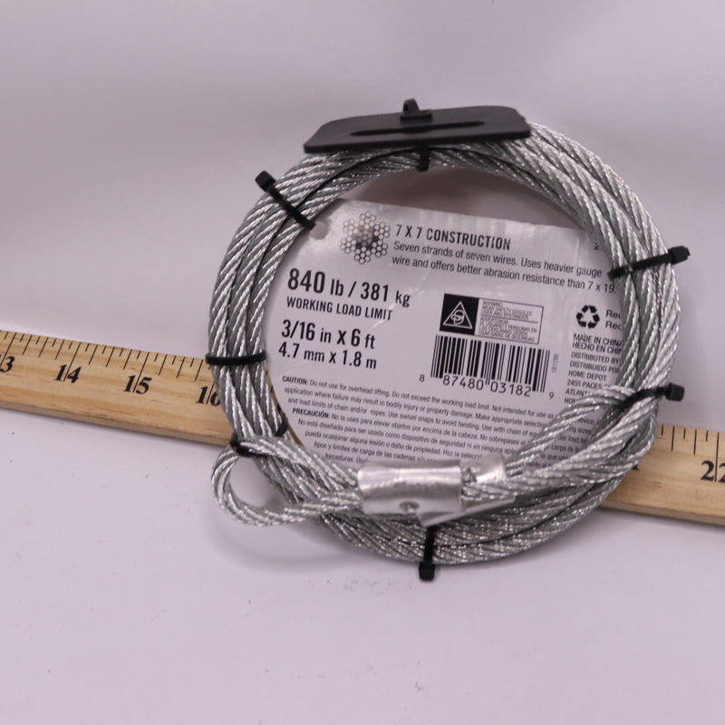 Everbilt Security Cable Wire Rope Galvanized Steel 3/16" x 6 Ft 277 985