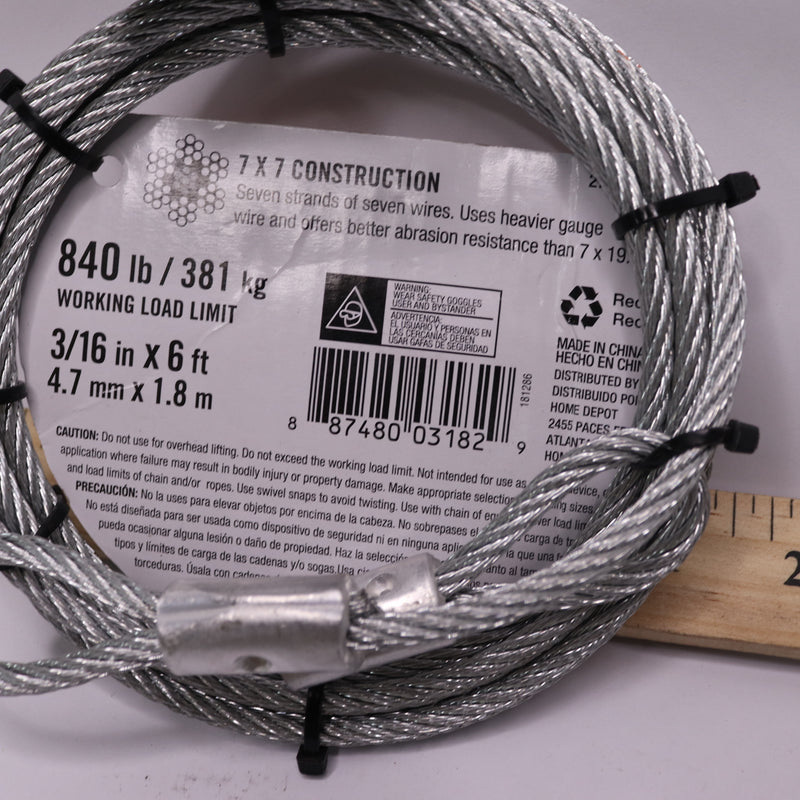 Everbilt Security Cable Wire Rope Galvanized Steel 3/16" x 6 Ft 277 985