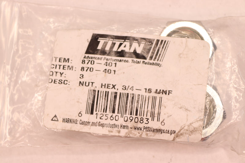 (3-Pk) Titan Hex Nut 3/4-16unf 870-401