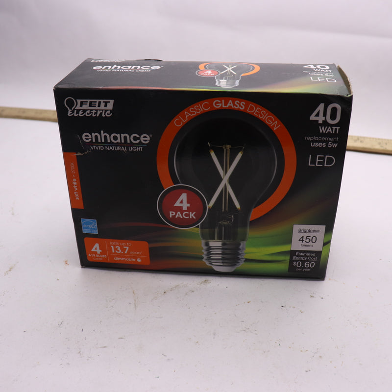(4-Pk) Feit Electric A19 LED Light Bulb Soft White 40W Equivalent 450LM 2700K
