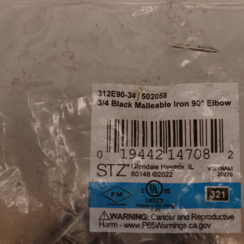 STZ Elbow Fitting Black 90-Degree 3/4 312 E90-34