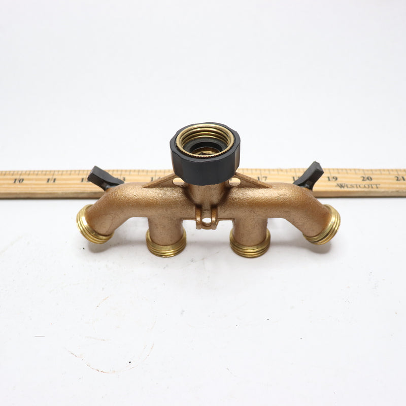 Orbit Water Hose Faucet Manifold Splitter Brass 4-Port 3/4" MNPT x 1" FNPT