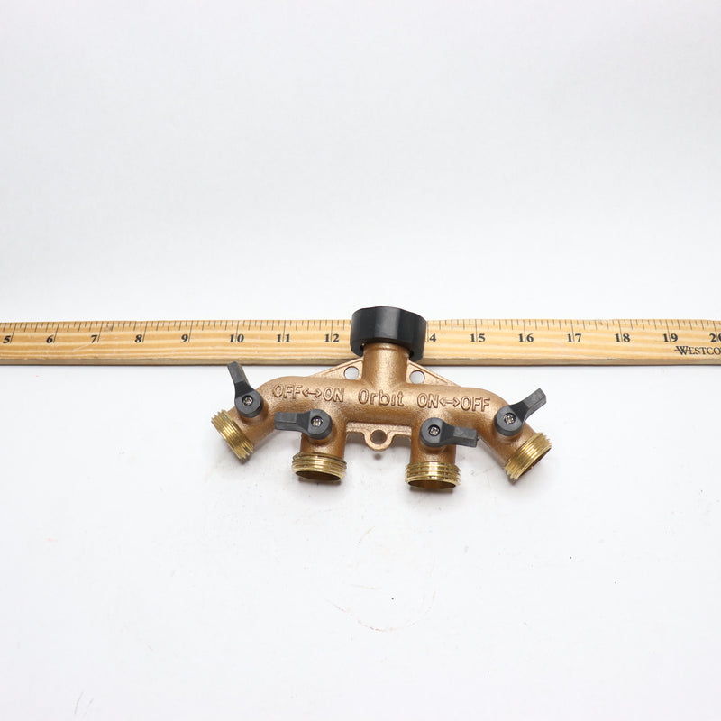 Orbit Water Hose Faucet Manifold Splitter Brass 4-Port 3/4" MNPT x 1" FNPT