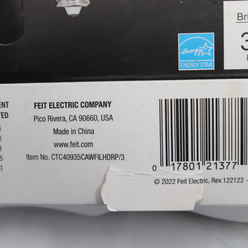 (3-Pk) Feit Electric Chandelier LED Light Bulb Glass Clear True White 3500K 40W