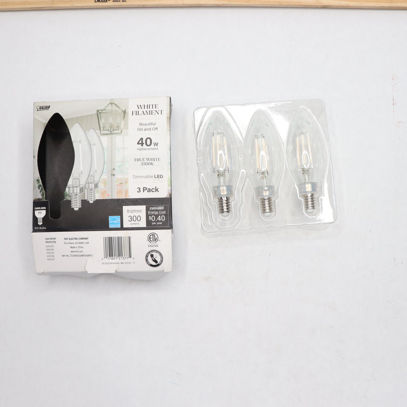 (3-Pk) Feit Electric Chandelier LED Light Bulb Glass Clear True White 3500K 40W