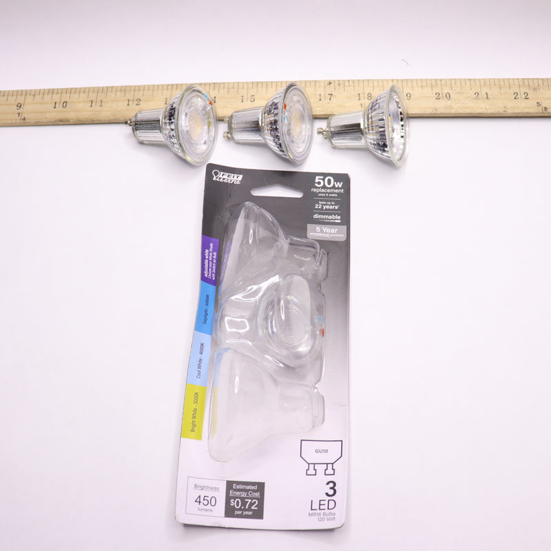 (3-Pk) Feit Electric LED Light Bulb Bright White GU10 Bi-Pin Base MR16 50W Eqv