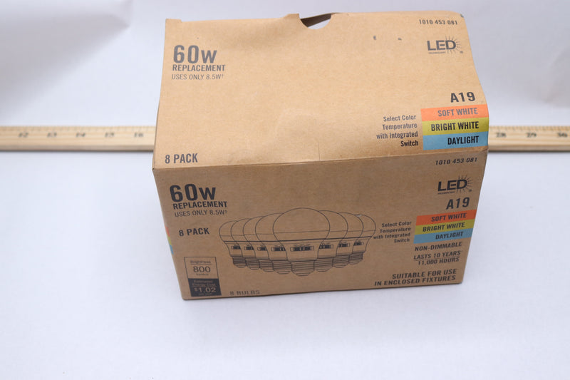 (8-Pk) LED Technology LED Light Bulb 3 CCT Non-Dimmable A19 60W Eqv
