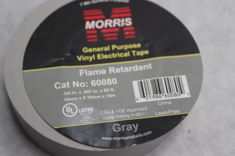 Morris Electrical Tape Vinyl Plastic Gray 7 Mil 3/4" W x  66' L 60080