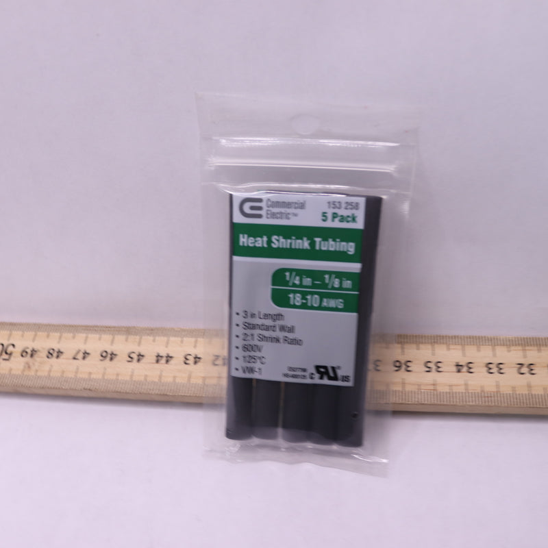 (5-Pk) Commercial Electric Heat Shrink Tubing Polyolefin Black 1/4" HS-250B