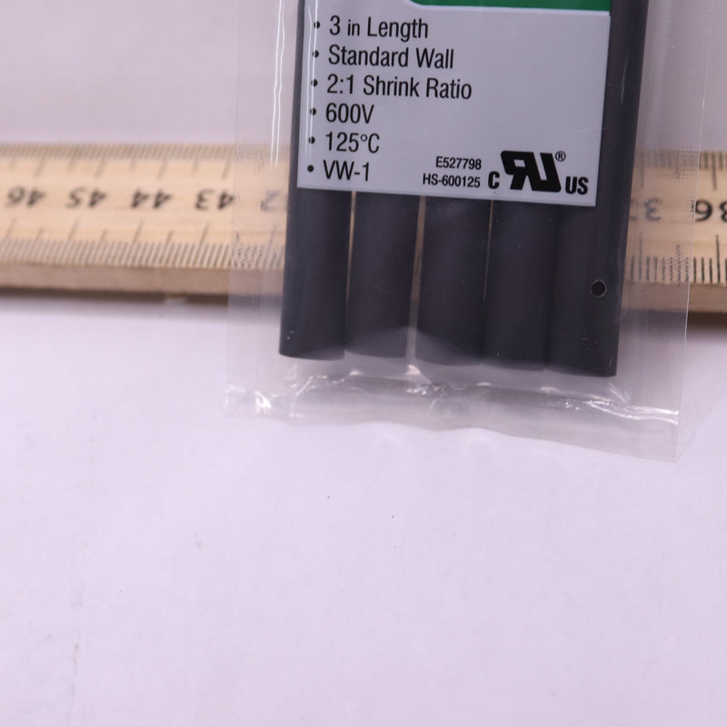 (5-Pk) Commercial Electric Heat Shrink Tubing Polyolefin Black 1/4" HS-250B
