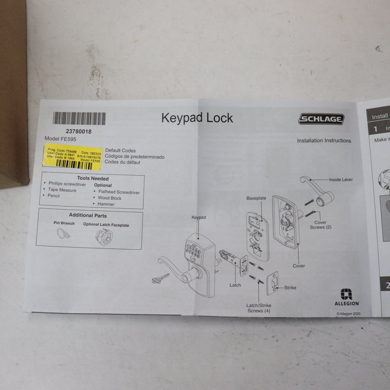 Schlage Plymouth Keypad Entry w/ Flex-Lock Kit & Elan Style Levers FE595