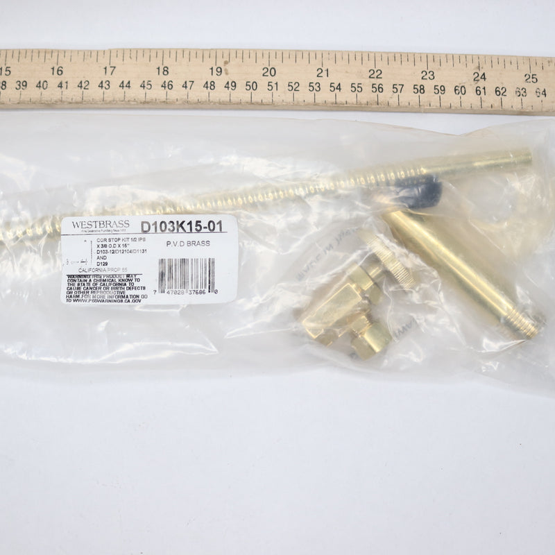 Westbrass Round Corrugated Riser Kit Unlacquered Brass 1/2" IPS x 3/8" x 15"