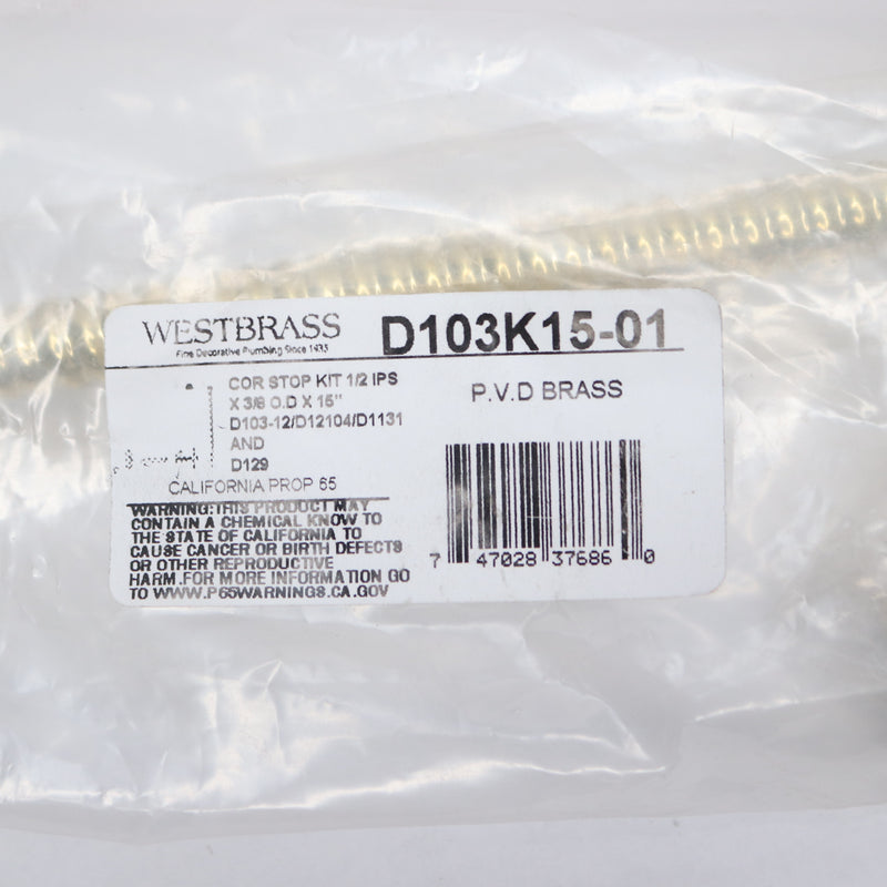 Westbrass Round Corrugated Riser Kit Unlacquered Brass 1/2" IPS x 3/8" x 15"