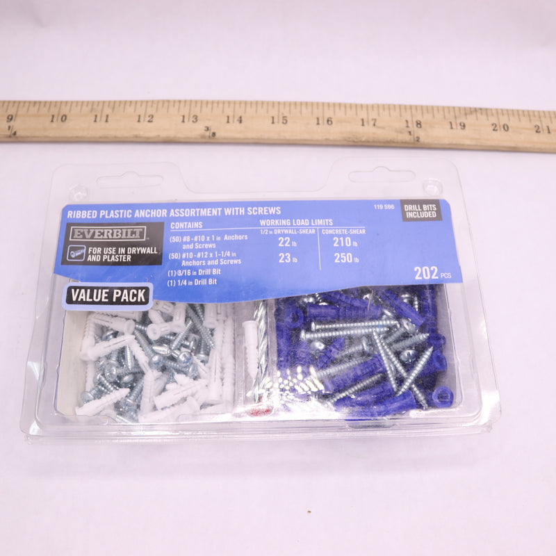 (202-Pc) Everbilt Ribbed Plastic Anchor Pack w/ Screws #8-10 White/#10-12 Blue