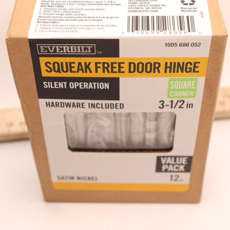 (12-Pk) Everbilt Square Radius Squeak-Free Door Hinge Satin Nickel 3-1/2"