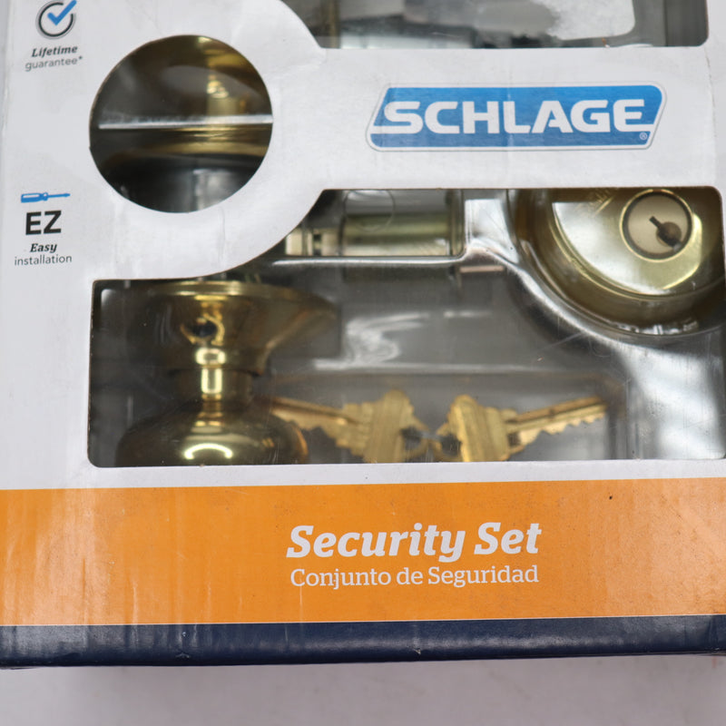 Schlage Double Cylinder Deadbolt and F51 Keyed Entry Plymouth Knob Bright Brass