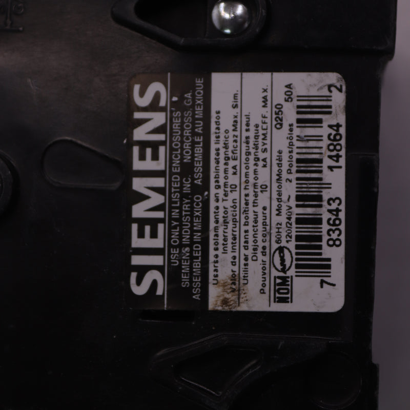Siemens Miniature Circuit Breaker 2 Pole 50A 120-240V AC 60Hz Q250
