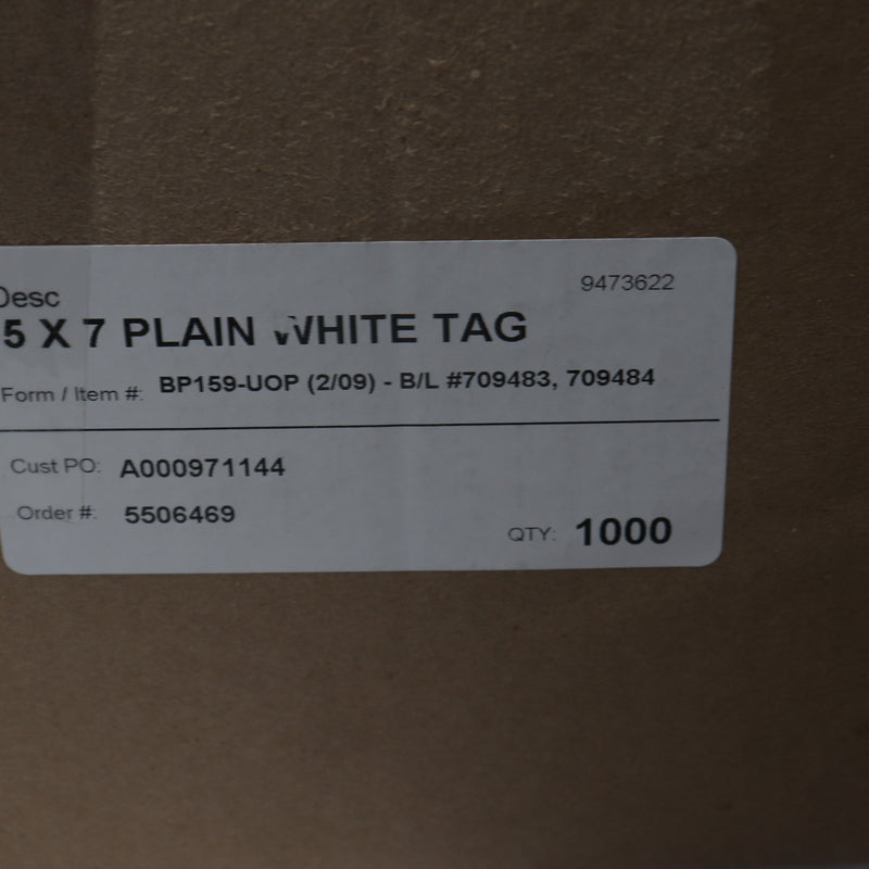 (1,000-Pk) Durable Tags Plain White 5" X 7" Pre-wired BP159-UOP