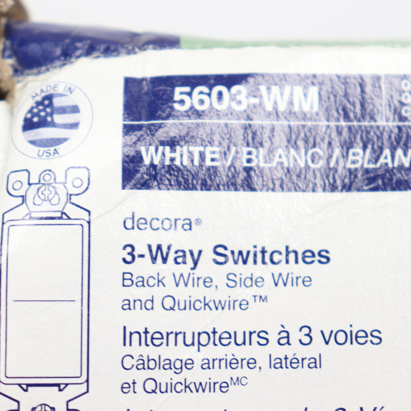 Leviton 3-Way Rocker Switch 3 Pole Wall Plate White 15A 5603-WM