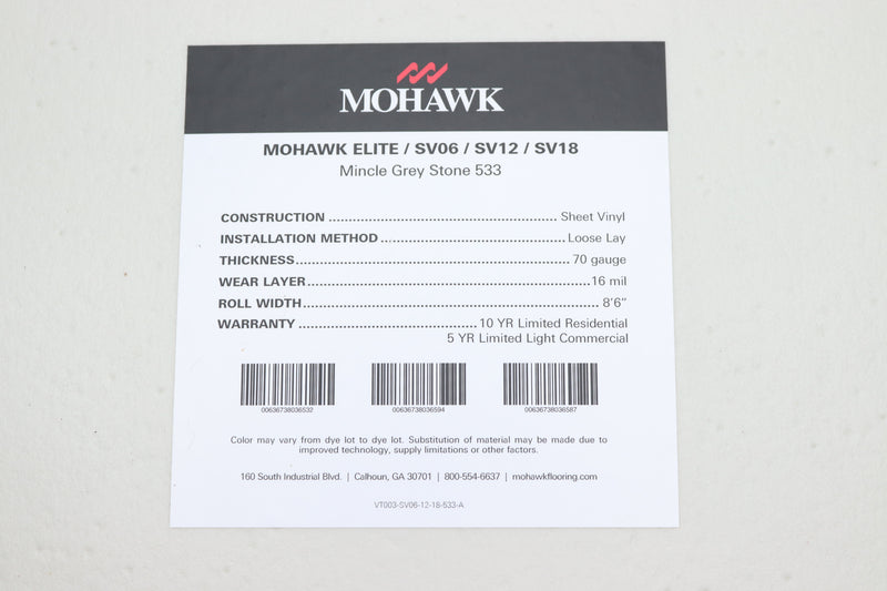 Mohawk Elite Mincle Grey Stone Vinyl Roll 8' 6" W x 6' L Cut Sheet