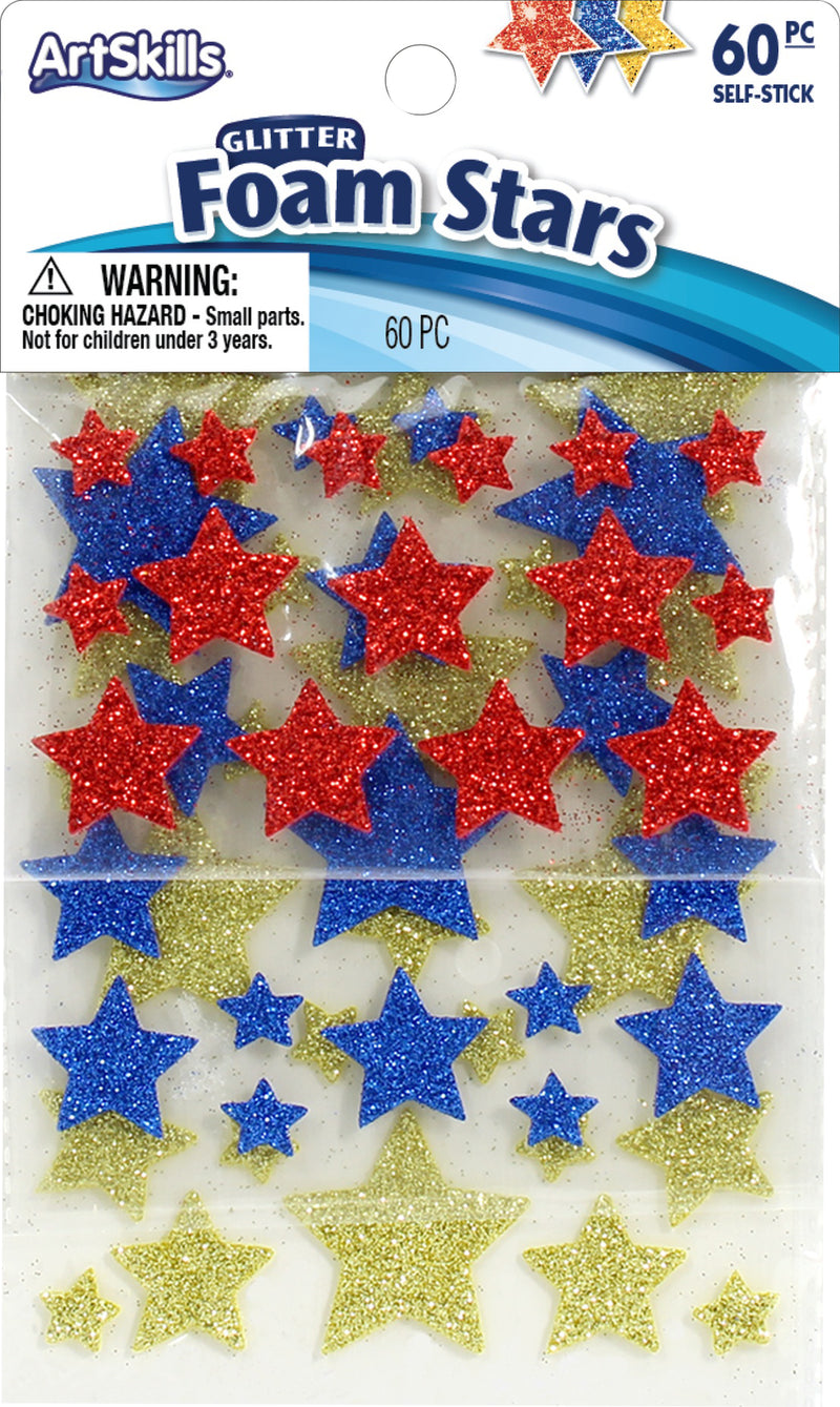 Artskills Glitter Foam Stars Self Stick 60-Count Blue Red Gold PA-1727