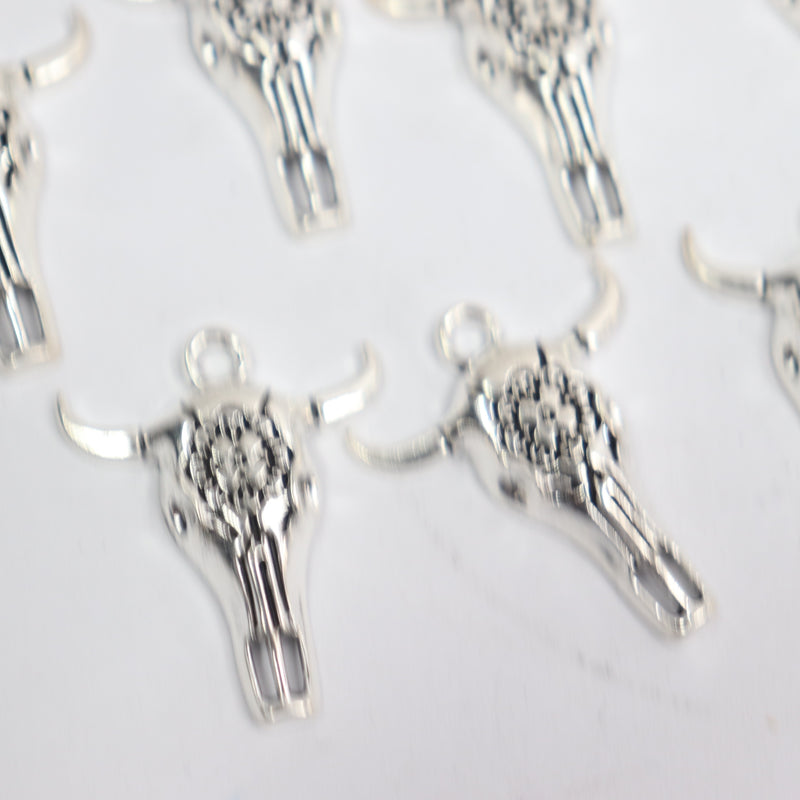 (10-Pk) Ox Skull Charms Skeleton Horns Brass Silver 32mm x 26mm