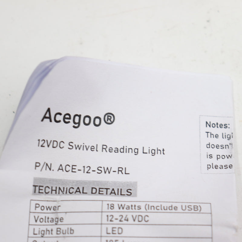 Acegoo LED Reading Light with USB 12-24VDC ACE-12-SW-RL
