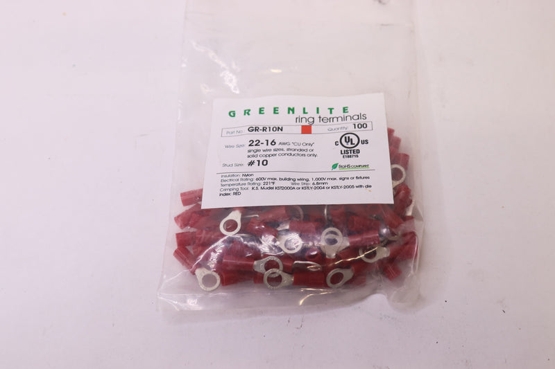 (100-Pk) Greenlite Ring Terminals 22-16 AWG Red