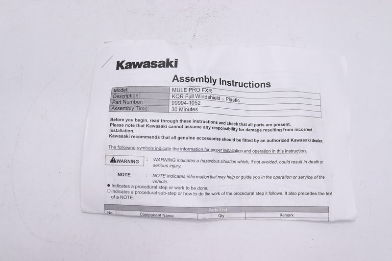 Kawasaki Full Polycarbonate Windshield Hardware 99994-1052 - No Windshield