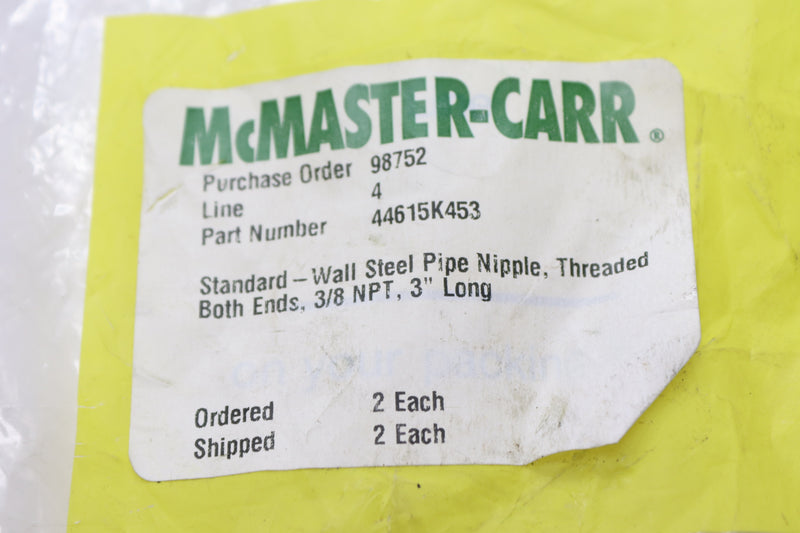 (2-Pk) Mc Master-Carr Pipe Nipple Wall Steel 3/8" x 3" 44615K453