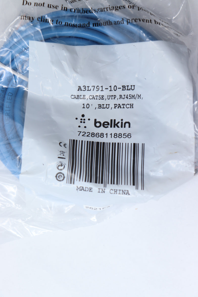 Belkin Cat5e  Snagless Network Cable RJ45M/RJ45M 10-Ft A3L791-10-BLU