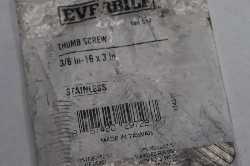 Everbilt Thumb Screw Stainless Steel 3/8"-16 TPI x 3" 198 517