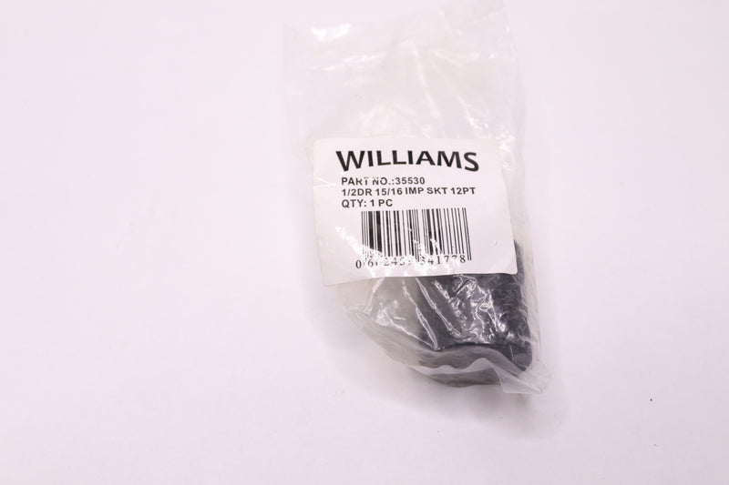 Williams Impact Socket Black Industrial Finish 12 Point 15/16 x 1/2 Drive 35530