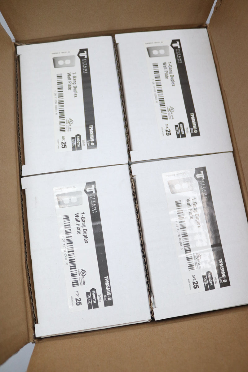 (100-Pk) Titan3 1-Gang Wallplate Maxi Duplex White Smooth Metal TPMSMW-D