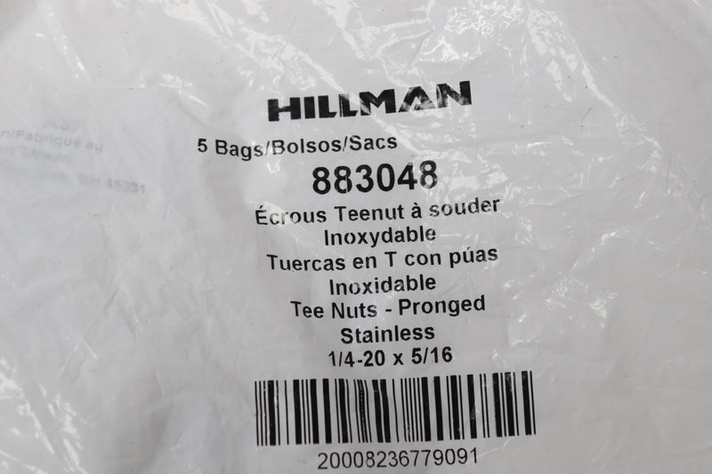 (1) Hillman 883048 Stainless Steel Standard 3-Prong Tee Nut 1/4" 5 - Pack