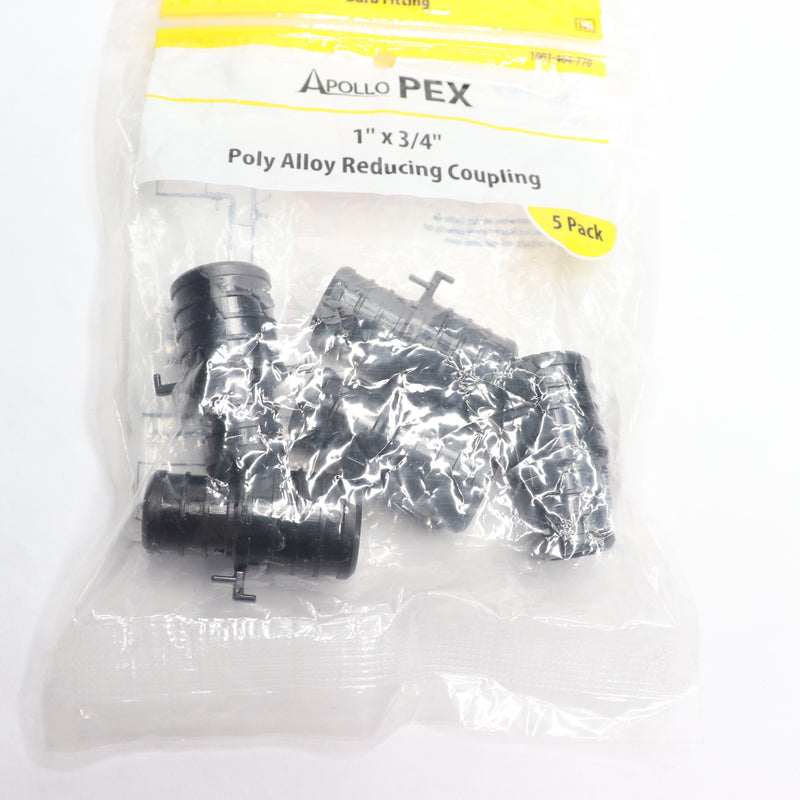 (5-Pk) Apollo PEX-B Barb Reducing Coupling Poly Alloy Plastic Black 1" x 3/4"