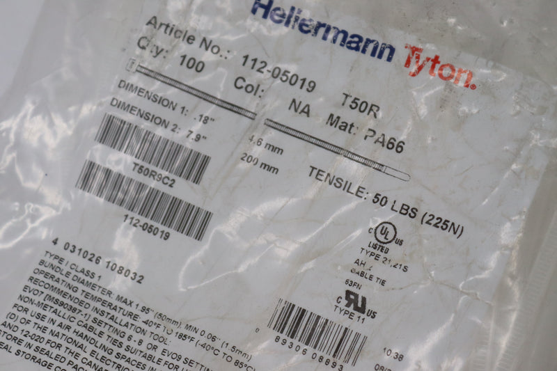 (100-Pk) Hellermann Tyton Natural Cable Tie 50 lb. 8" 112-05019
