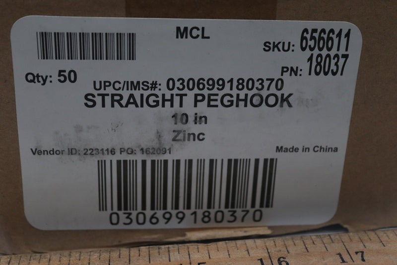 (50-Pk) Everbilt Single Straight Peg Hook Zinc-Plated Steel 1/4" x 10" 656 611