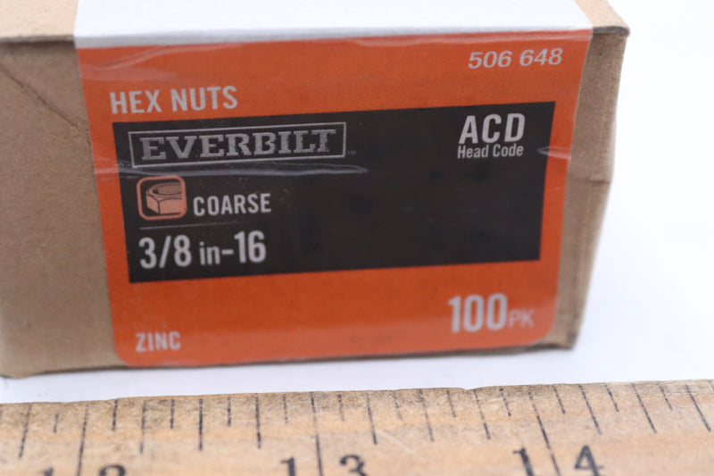 (100-Pk) Everbilt Hex Nut Zinc Plated 3/8"-16 506 648