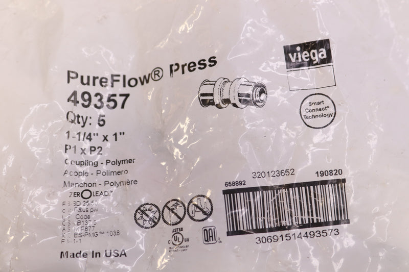 (5-Pk) Viega PureFlow Polymer Coupling  Lead Free 1" x 1-1/4" PEX Press 49357