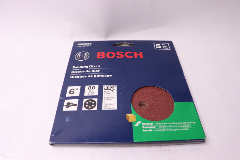 (5-Pk) Bosch Hook-And-Loop Sanding Discs 6-Hole 80-Grit 6" SR6R080