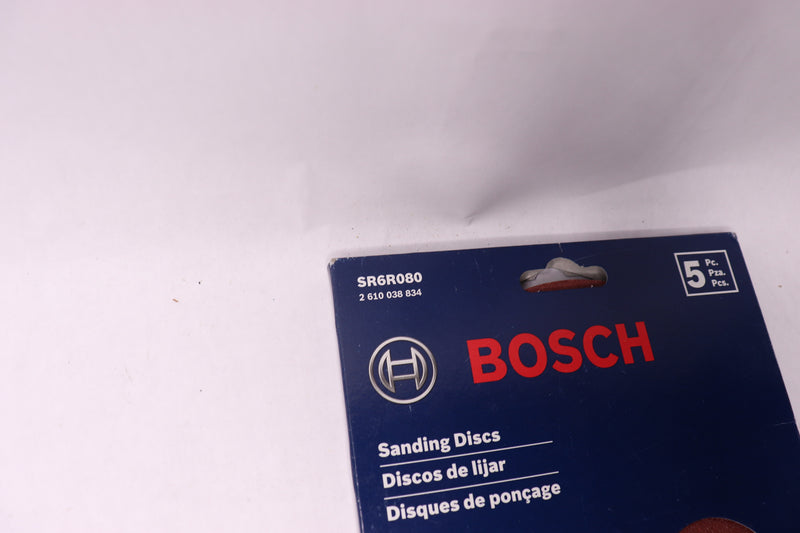 (5-Pk) Bosch Hook-And-Loop Sanding Discs 6-Hole 80-Grit 6" SR6R080