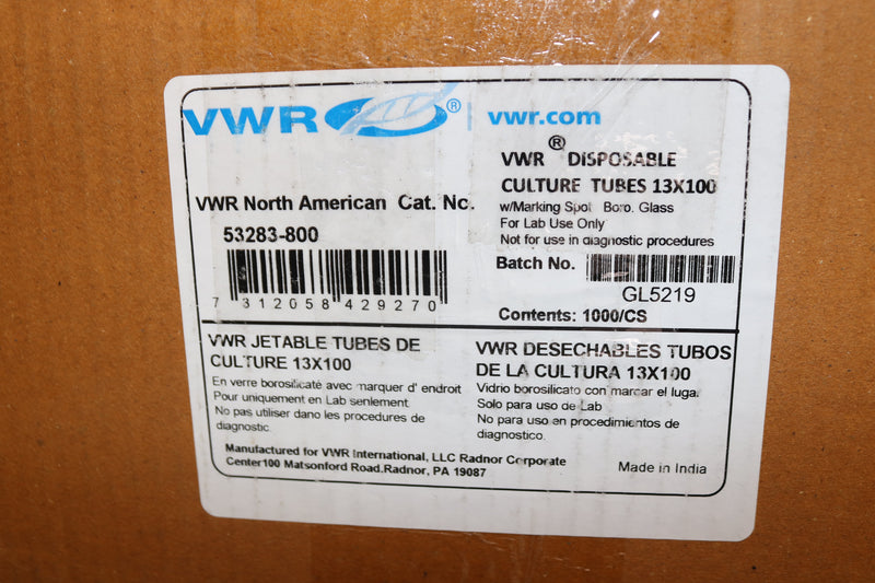 (1000-Pk) VWR Disposable Tube w/ Screw Cap 8ML x 13mm OD x 100mm L 53283-800