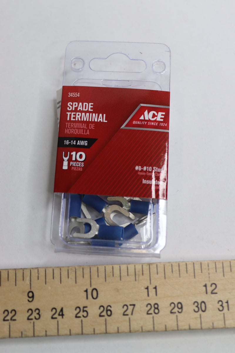 (10-Pk) Ace Insulated Wire Spade Terminal Blue #8-#10 Stud 34554