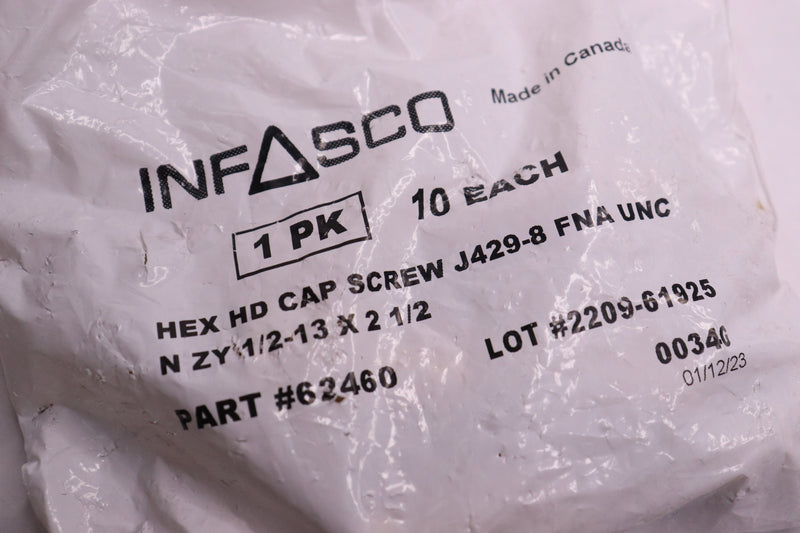 (10-Pk) Infasco Hex Head Cap Screws J429-8 FNA UNC 1/2"-13 x 2-1/2" 62460