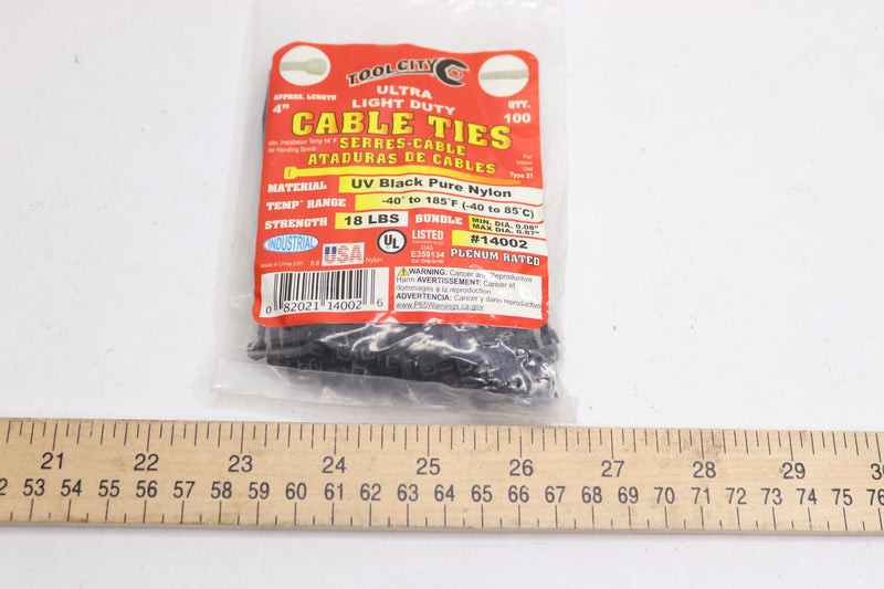 (100-Pk) Tool City Ultra Light Duty Cable Ties Pure Nylon Black 18 lbs 4" 14002