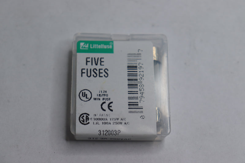 (5-Pk) Littlefuse Fast-acting Fuse Glass 3AG 250VAC Size 3 0312003.VXP