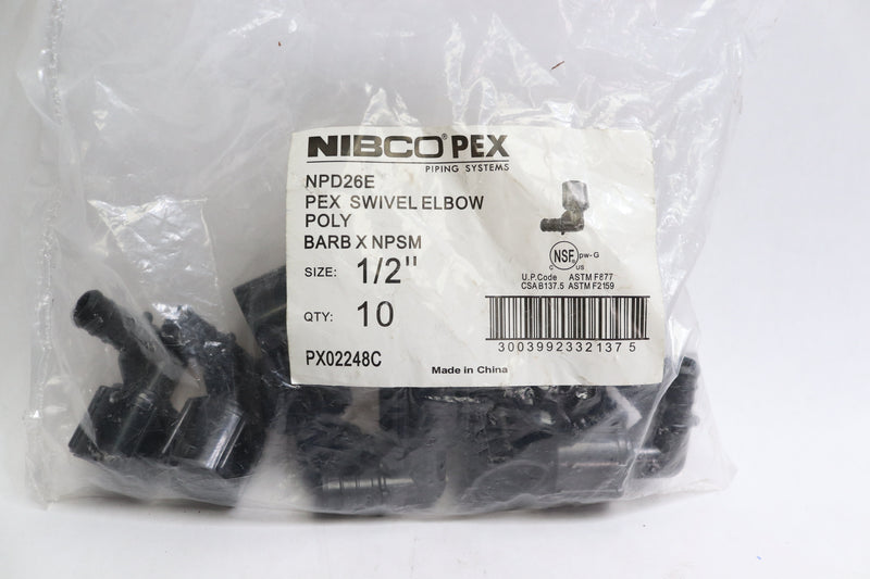 (10-Pk) Nibco Poly Swivel Elbow Adapter 1/2" NPD26E PX02248C