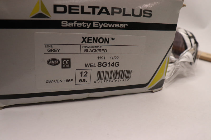 (12-Pk) Delta Plus Safety Glasses Black Frame/Red Tips WELSG14G